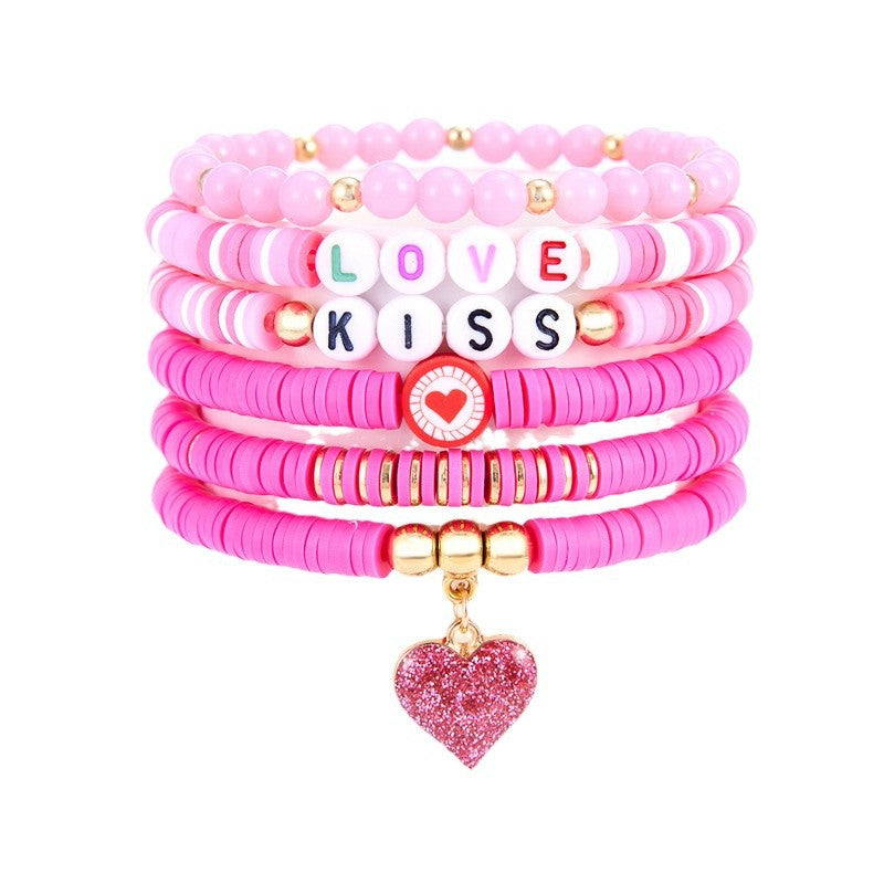 Wholesale Valentine's Day  6 suit  Cute Color Letter Pink Heart Pendant Bracelet