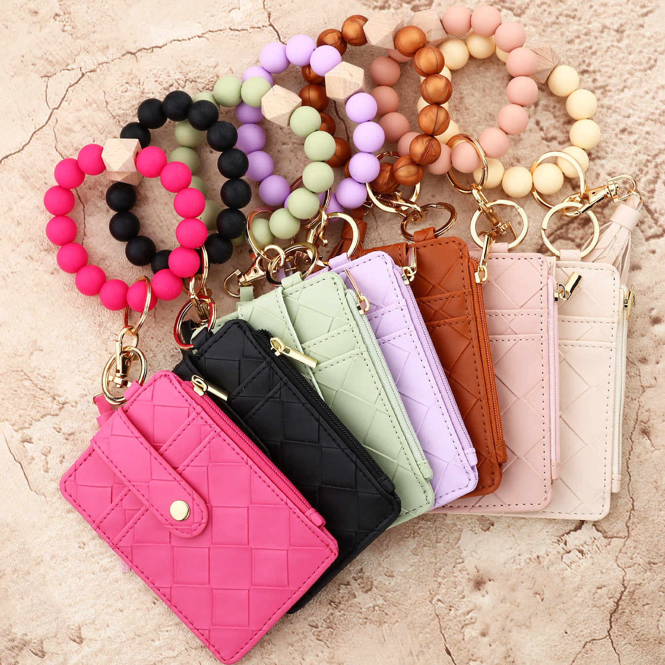 Wholesale  PU Leather Wallet Woven Silicone Bead Wristlet Keychain