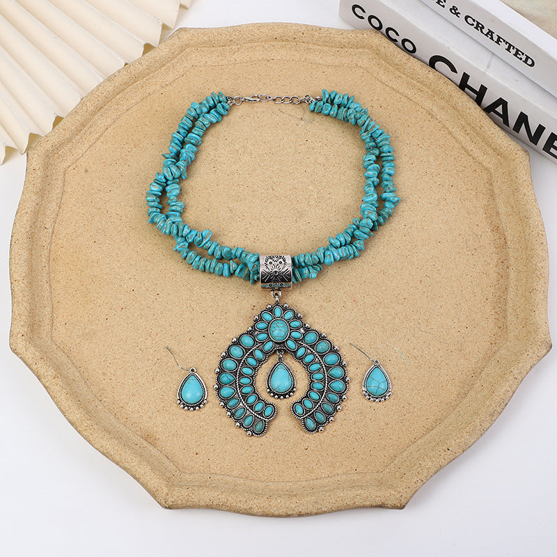 Wholesale Vintage Round Flower Turquoise Pendant Earrings Necklace ACC-NE-Gaoz001