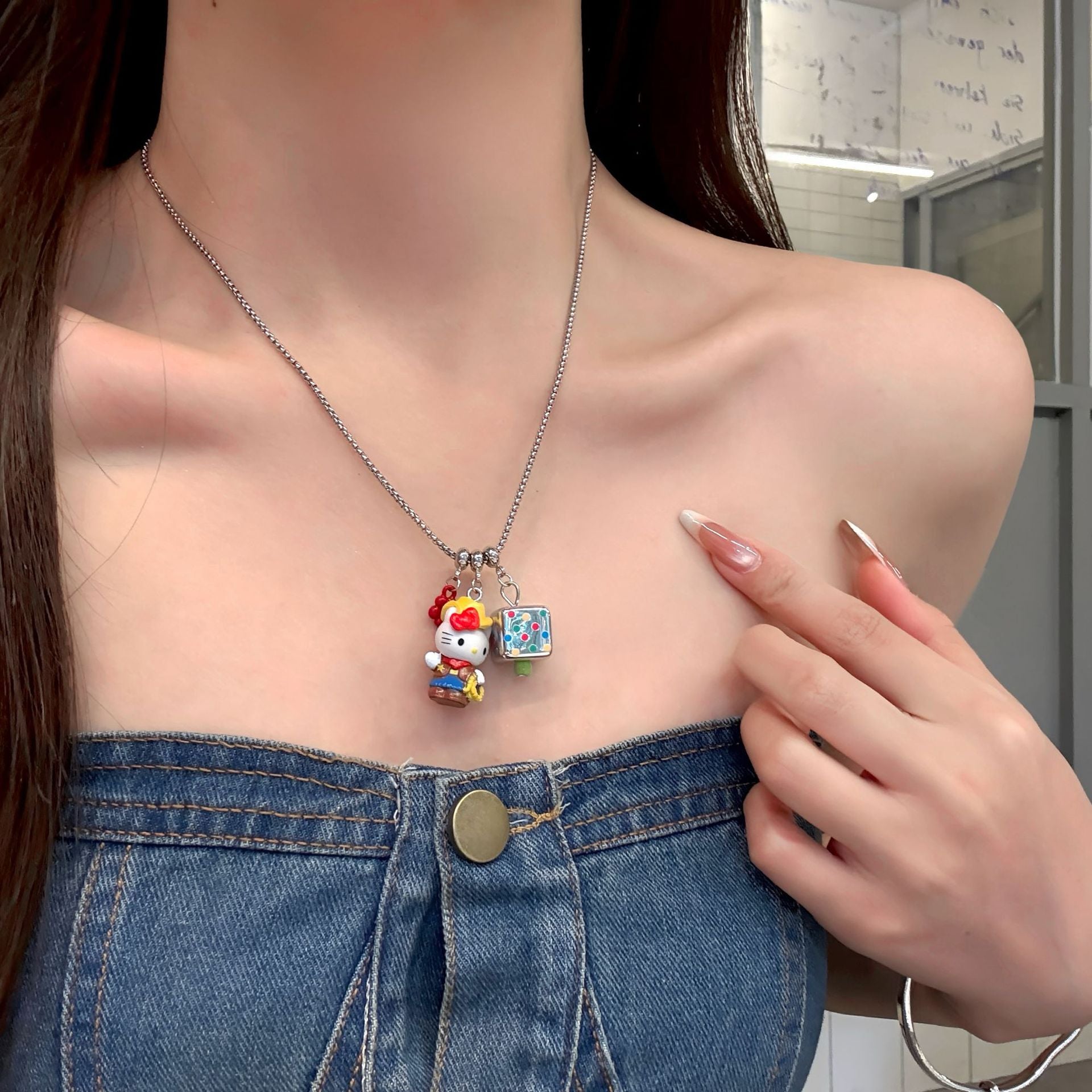 Wholesale Cute Cartoon Style Colorful Cat Dice Square Pendant Necklace