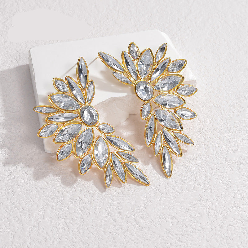 Wholesale exaggerated full diamond symmetrical leaf earrings
