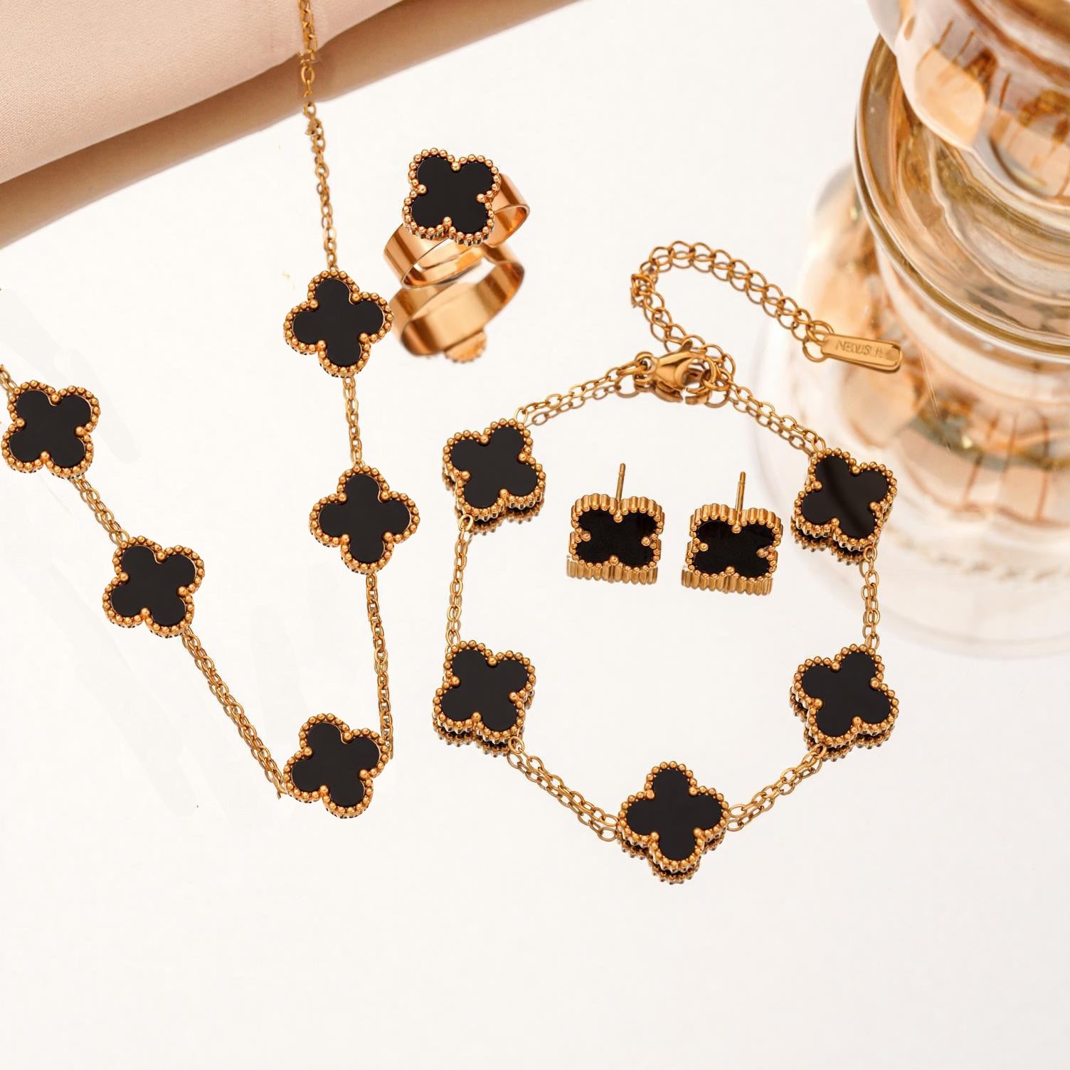 Wholesale Women S Black Four Leaf Clover Jewelry Set Titanium Steel Necklace Earrings Bracelet Brooch Trendy Everyday Fashion Accessory