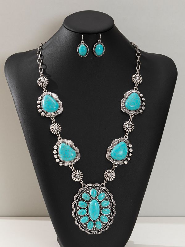 Wholesale Vintage Left and Right Shaped Necklaces Turquoise Earrings Western Style Necklace ACC-NE-Gaoz003