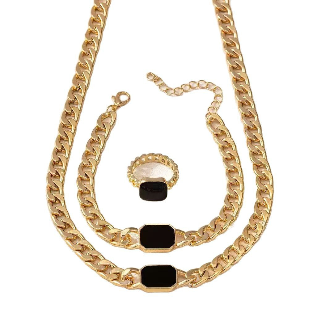 Wholesale Modern Geometric Square Cuban Chain Jewelry Set In Black Alloy Electroplated Fashion Accessory For Resale