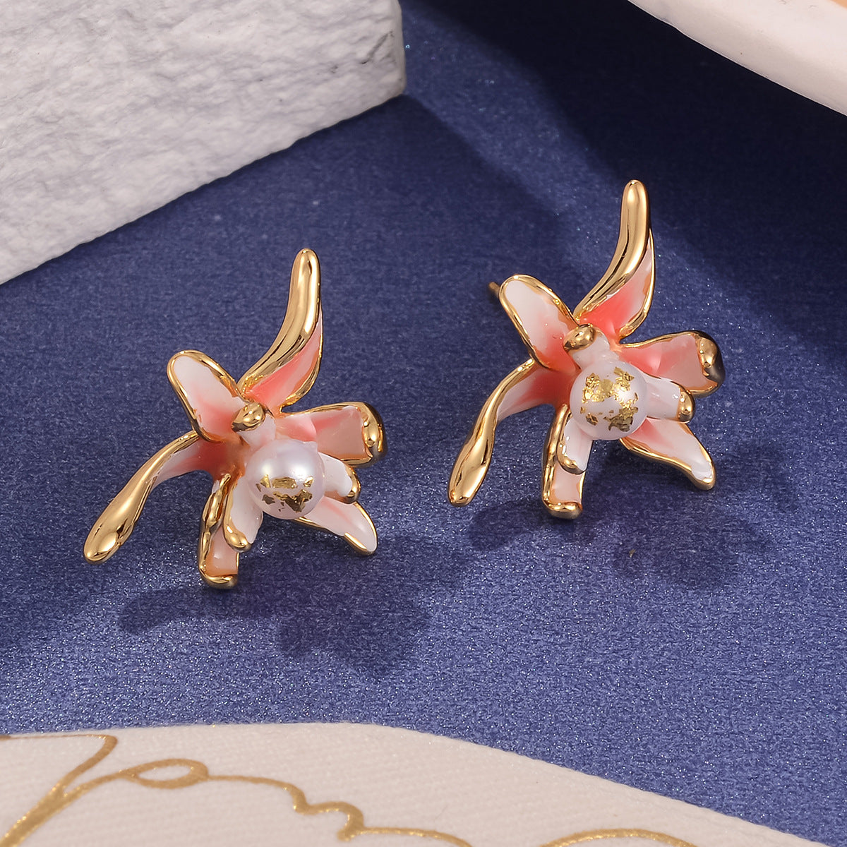 Wholesale Colorful Pearl Flower Enamel Drop Oil Fashionable Earrings