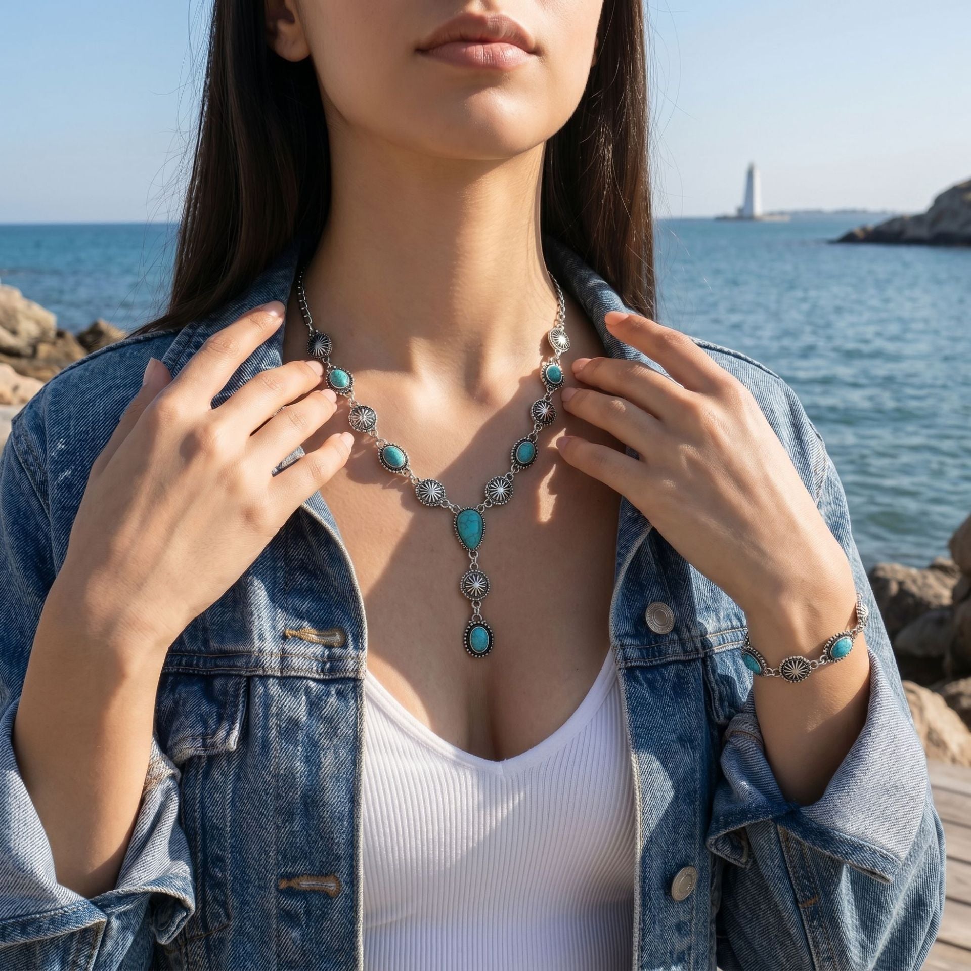 Wholesale Ethnic Turquoise Drop Y Shaped Necklace Vintage Carved Bracelet Jewelry Set Antique Silver Finish Fashion Gift For Resale