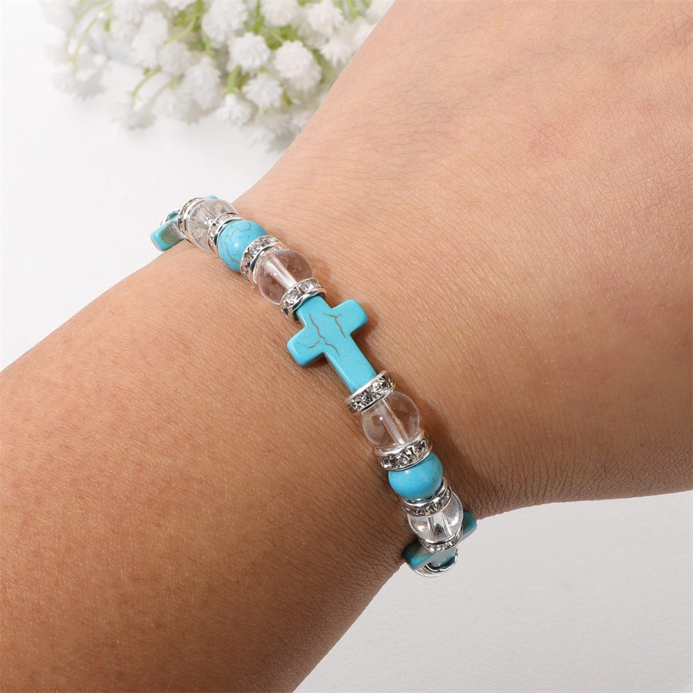Wholesale Turquoise Cross Diamond Natural Stone Crystal Bracelets ACC-BT-GEB009