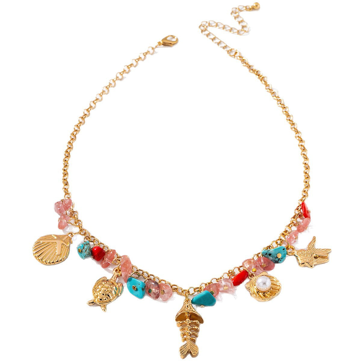 Wholesale Bohemian Ocean Style Choker Necklace Shell Fishbone Sea Turtle Colorful Stone Pearl Gold Plated Fashion Accessory