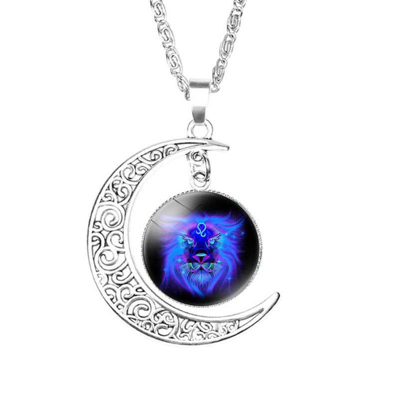 Wholesale Twelve Constellation moon necklace Time Gem crescent moon pendant with chain