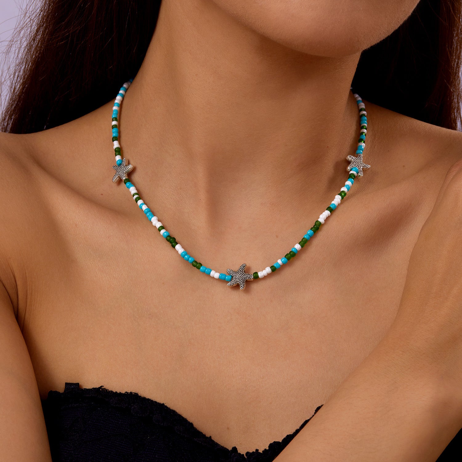 Wholesale  Bohemian Style Double Layer Starfish Shell Rice Beads Card Necklace