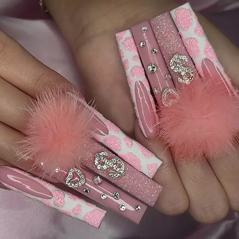 Wholesale 24 Pieces/box Pink Fur Ball Diamond Love Manicure Press-on Nails Kits Ballet Nail Stickers ACC-NS-SanWei001