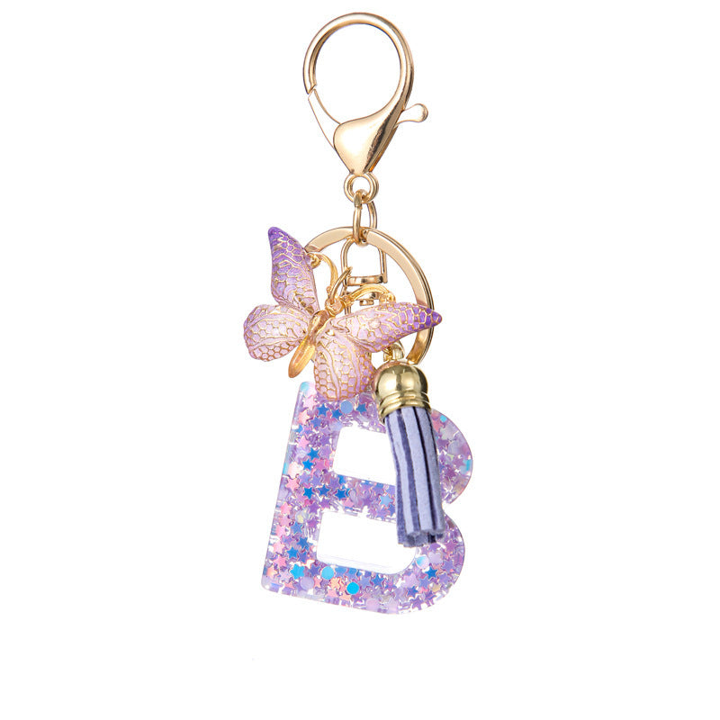Wholesale Purple Star Tassel Resin Keychain 26 English Letters Bag Charm For Women Students Fashion Decorative Accessory