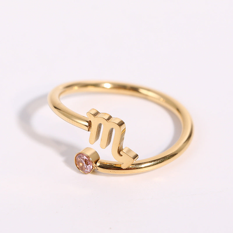 Wholesale 18k Gold Plated 12 Zodiac Signs Rune Zircon Birthstone Ring