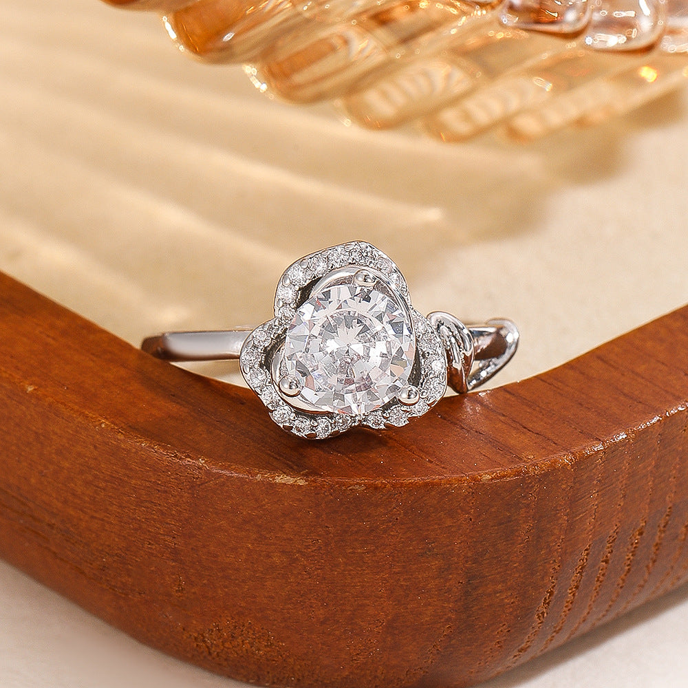 Wholesale Copper Zircon Flower Ring Silver Tone Trendy Fashion Jewelry Accessory