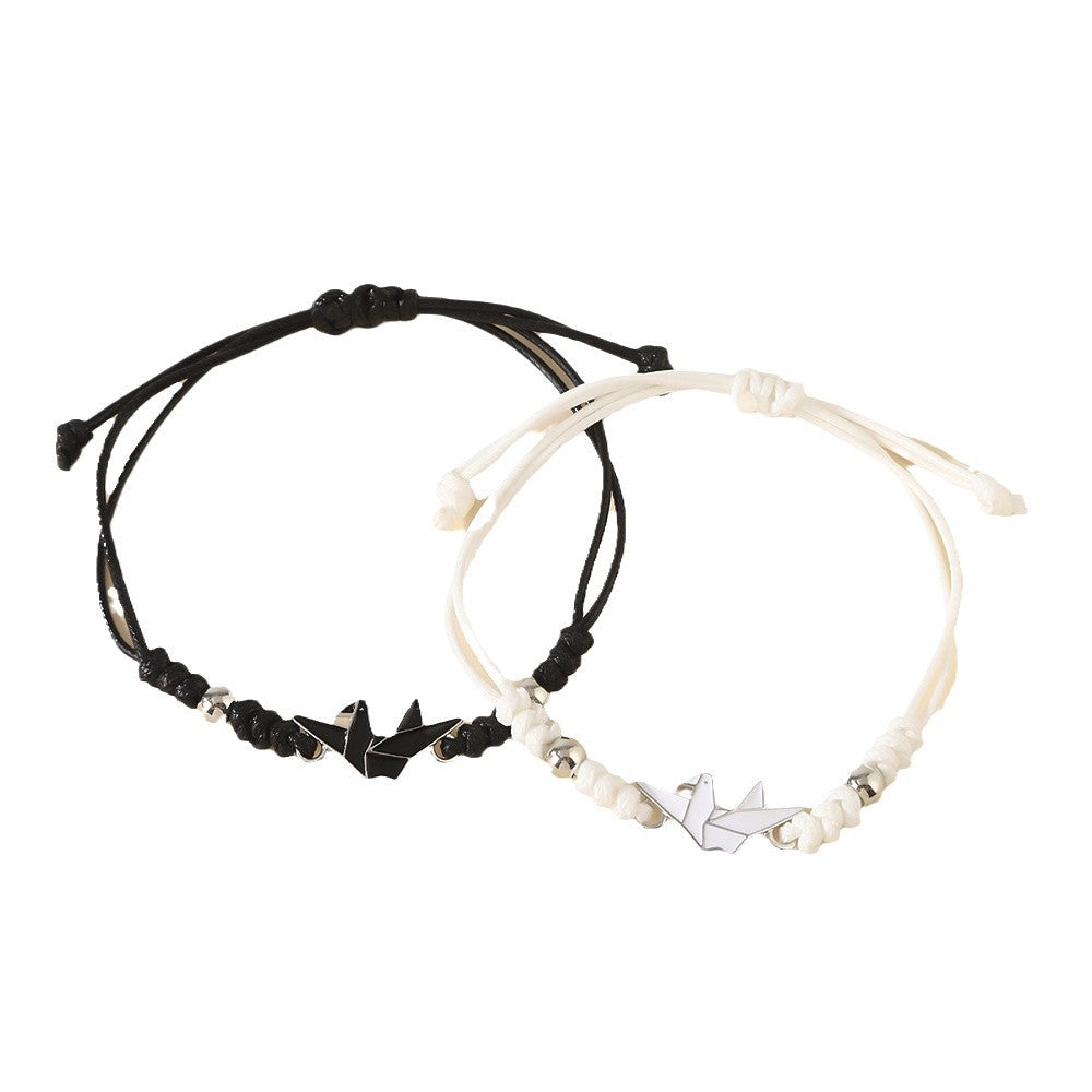 Wholesale Handmade Woven Rope Couple Bracelet Peace Dove Pendant Black White Paper Crane Design Casual Fashion Jewelry Accessory