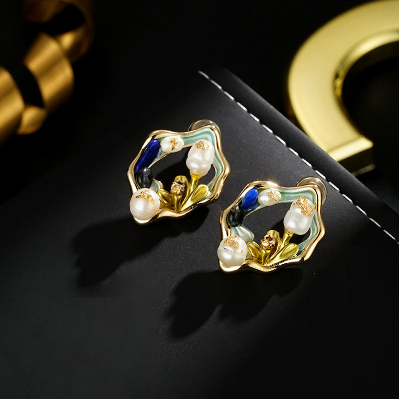 Wholesale Real gold plating silver needle  water pearl flower earrings