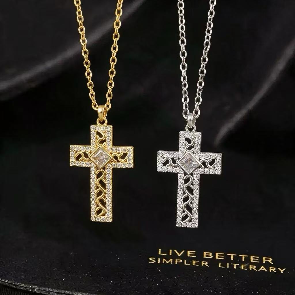 Wholesale Gold Plated Copper Zircon Cross Pendant Necklace Fashion Jewelry Accessory Boutique Resale
