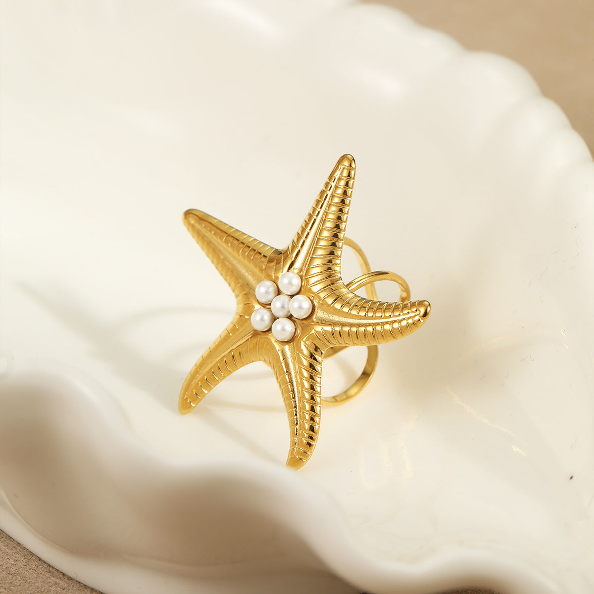 Wholesale Stainless Steel Starfish Pearl Earrings Ring Necklace suit