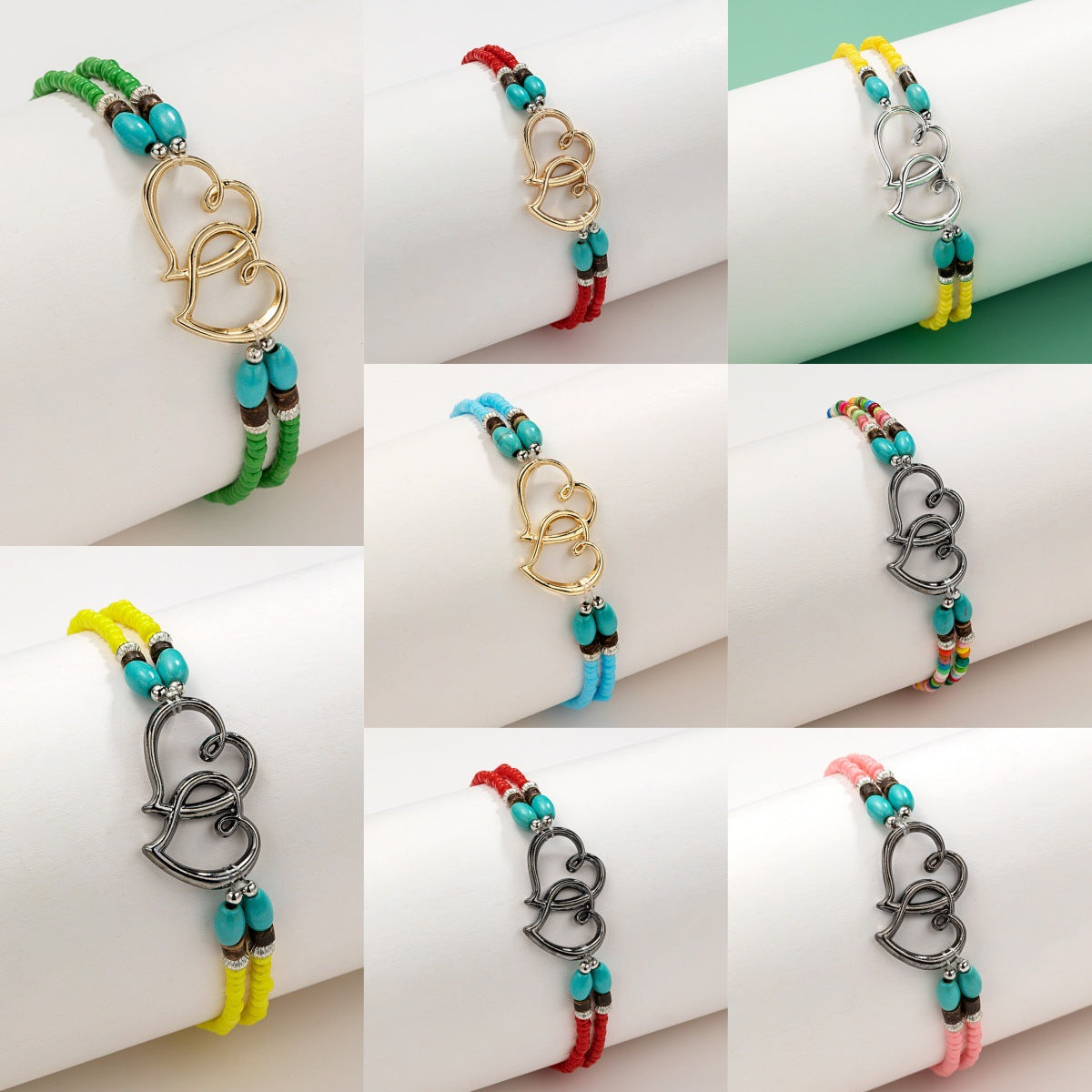 Wholesale alloy double love beaded turquoise stone double elastic anklet