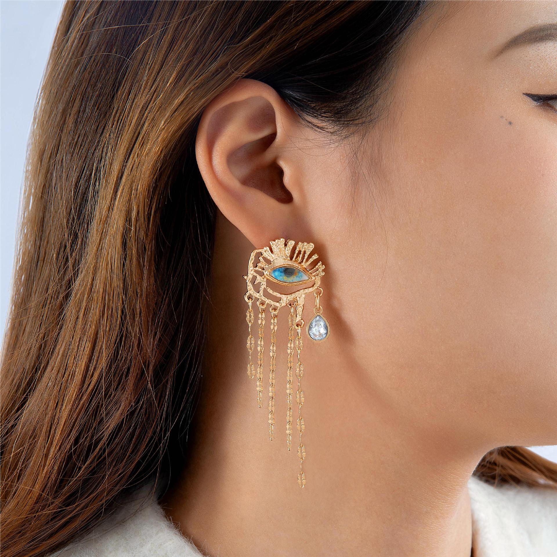 Wholesale Middle-aged Crystal Tassel Pendant Earrings Devil's Eye Exaggerated Atmospheric Earrings Statemente Earrings ACC-ES-YongGe001
