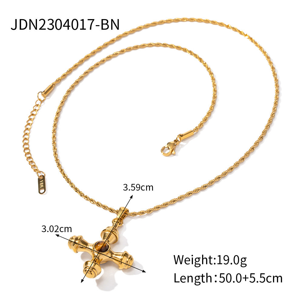 Wholesale 18K Gold Stainless Steel Cross Inlaid Tiger Eye Necklace Titanium Steel ACC-NE-JieDing002