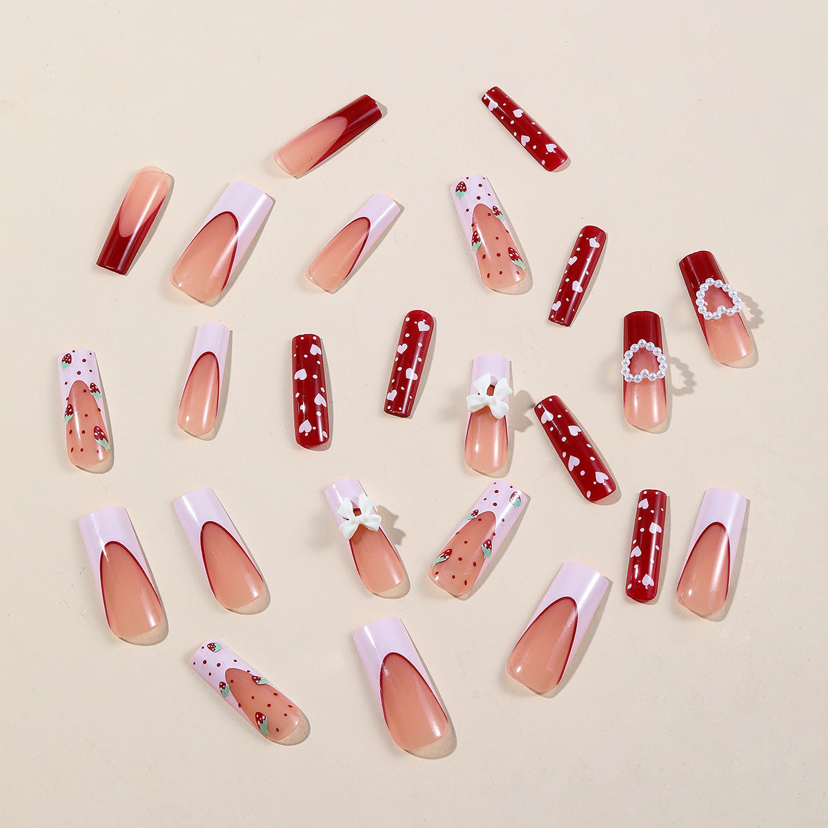 Wholesale 24 Pieces/box Love Bow Strawberry Press-on Nails Kits Nail Stickers ACC-NS-SanWei006
