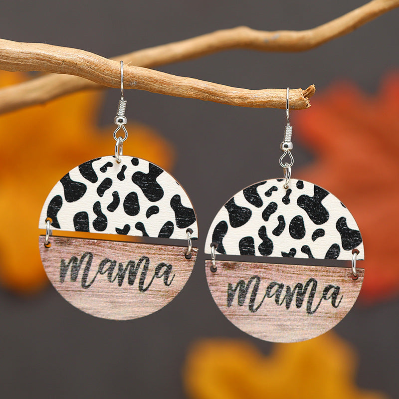 Wholesale  Mother's Day Vintage Earrings  Leopard Flower Wooden Round Earrings