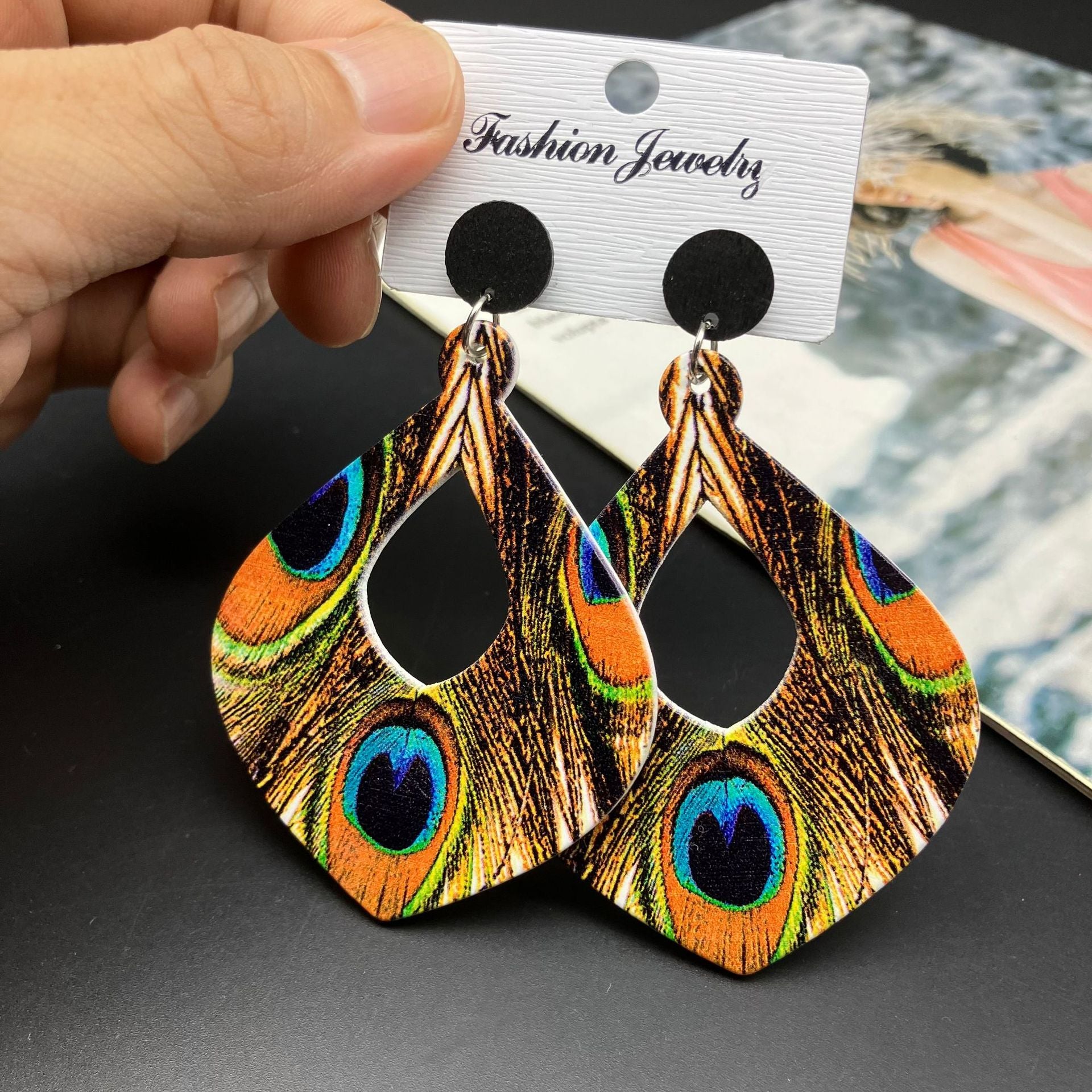 Wholesale Boho Retro Ethnic Style Peacock Feather Wooden Earrings ACC-ES-FX013