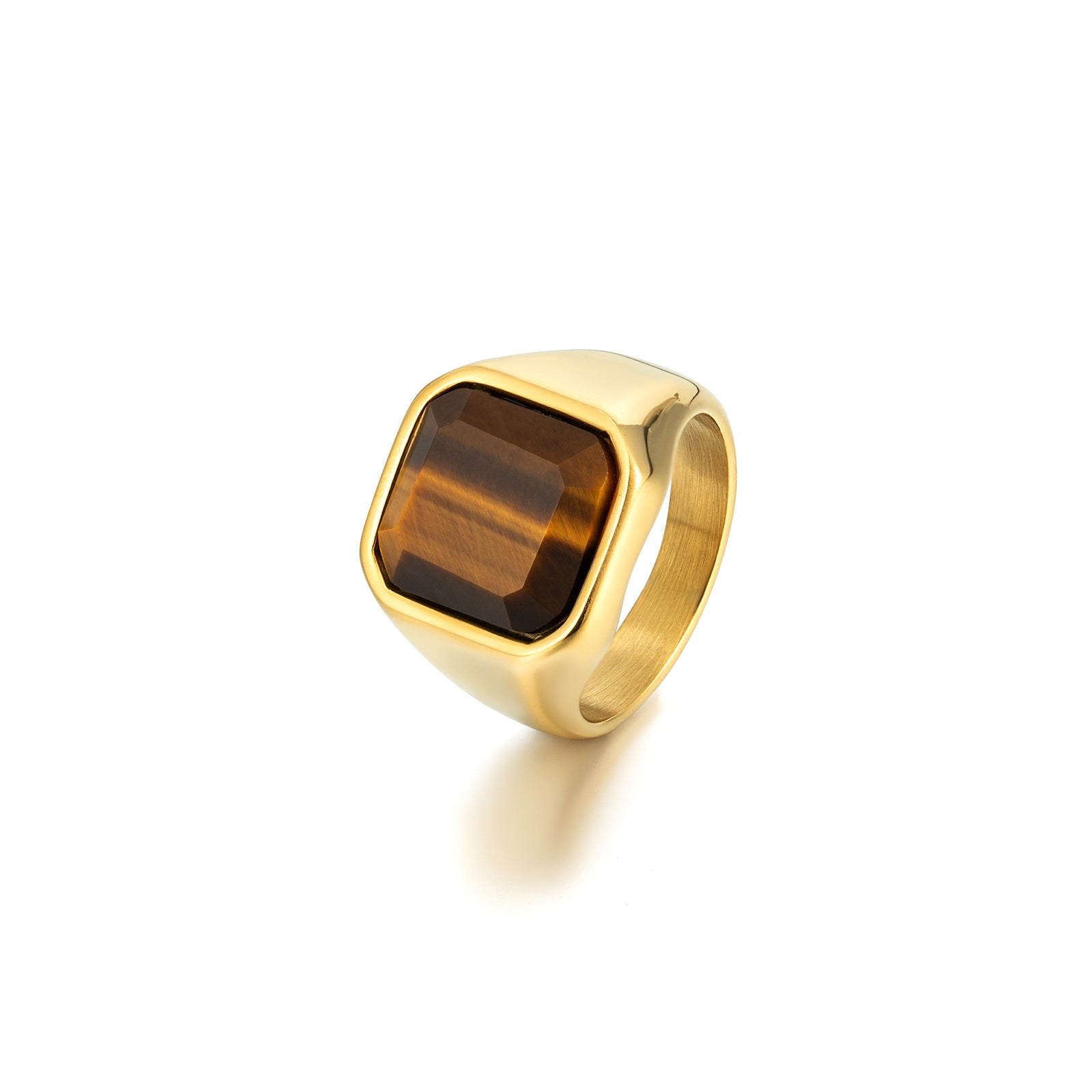 Wholesale Tiger Eye Natural Stone Titanium Steel Gold Stainless Steel Men's Gemstone Ring ACC-RS-Qiaoa001
