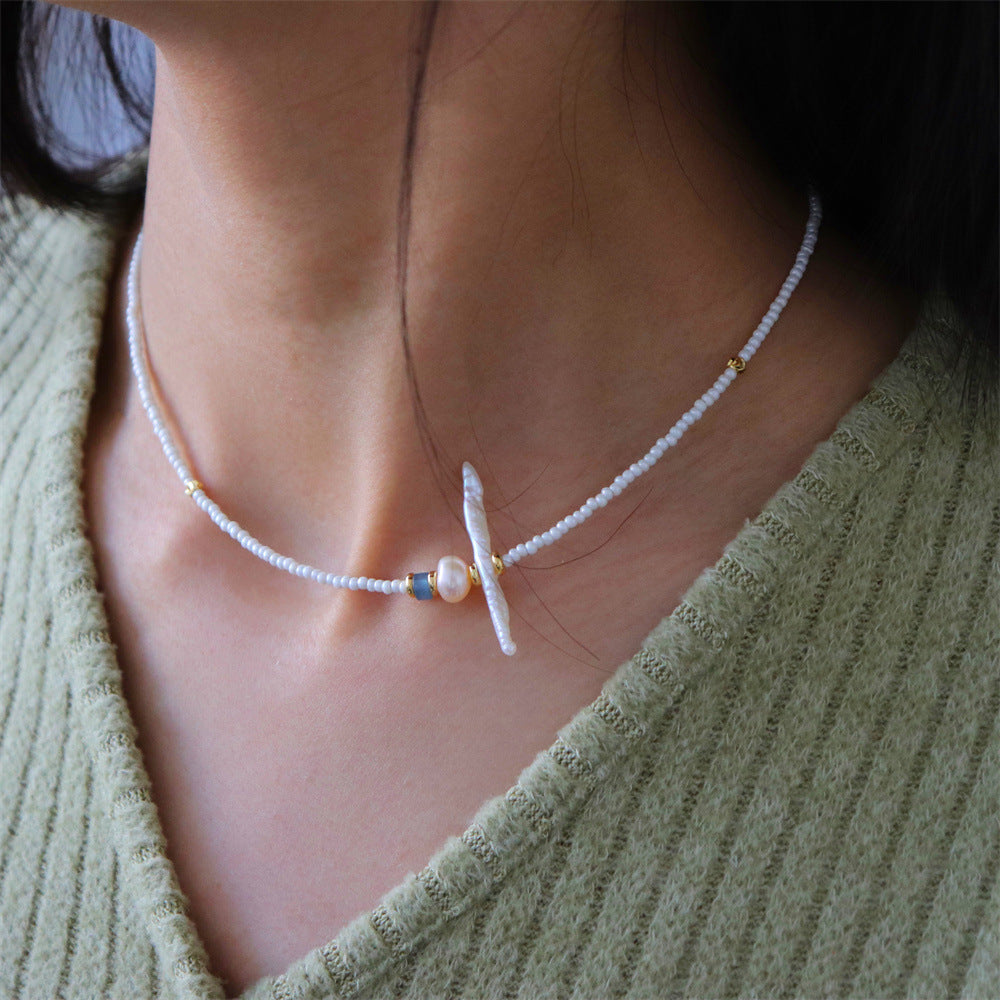 Wholesale Rice Beads Color Natural Stone Freshwater Pearl Handmade Beaded Clavicle Necklace