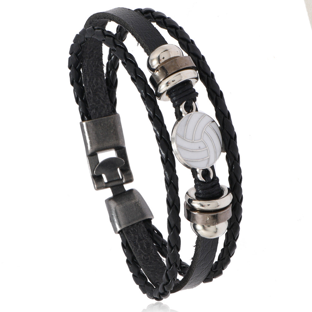 Wholesale Retro Soccer Basketball Volleyball Alloy Buckle Men S Multi Layer Braided Leather Beaded Bracelet Fashion Jewelry Accessory