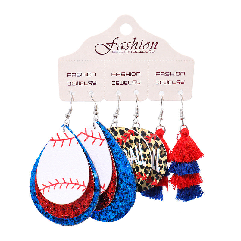 Wholesale 2 Sets Christmas Independence Day Football Rugby Softball Multi-layer Tassel Cheerleading PU Leather Earrings Set ACC-ES-HY128