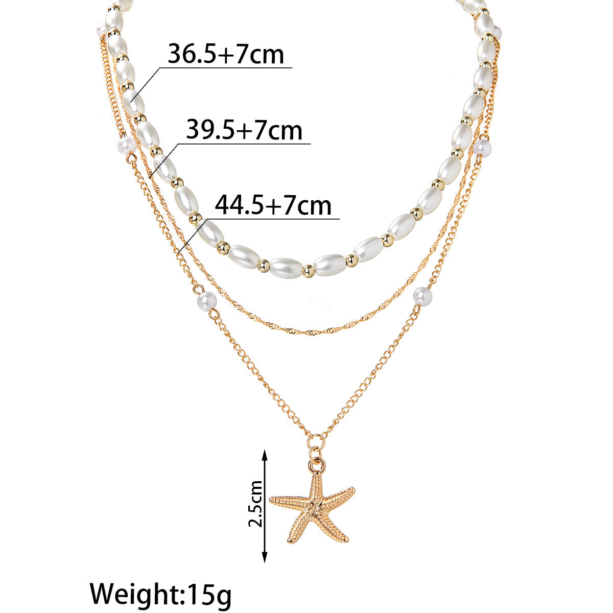 Wholesale Stacking style alloy starfish pendant pearl gold bead three-layer adjustable necklace