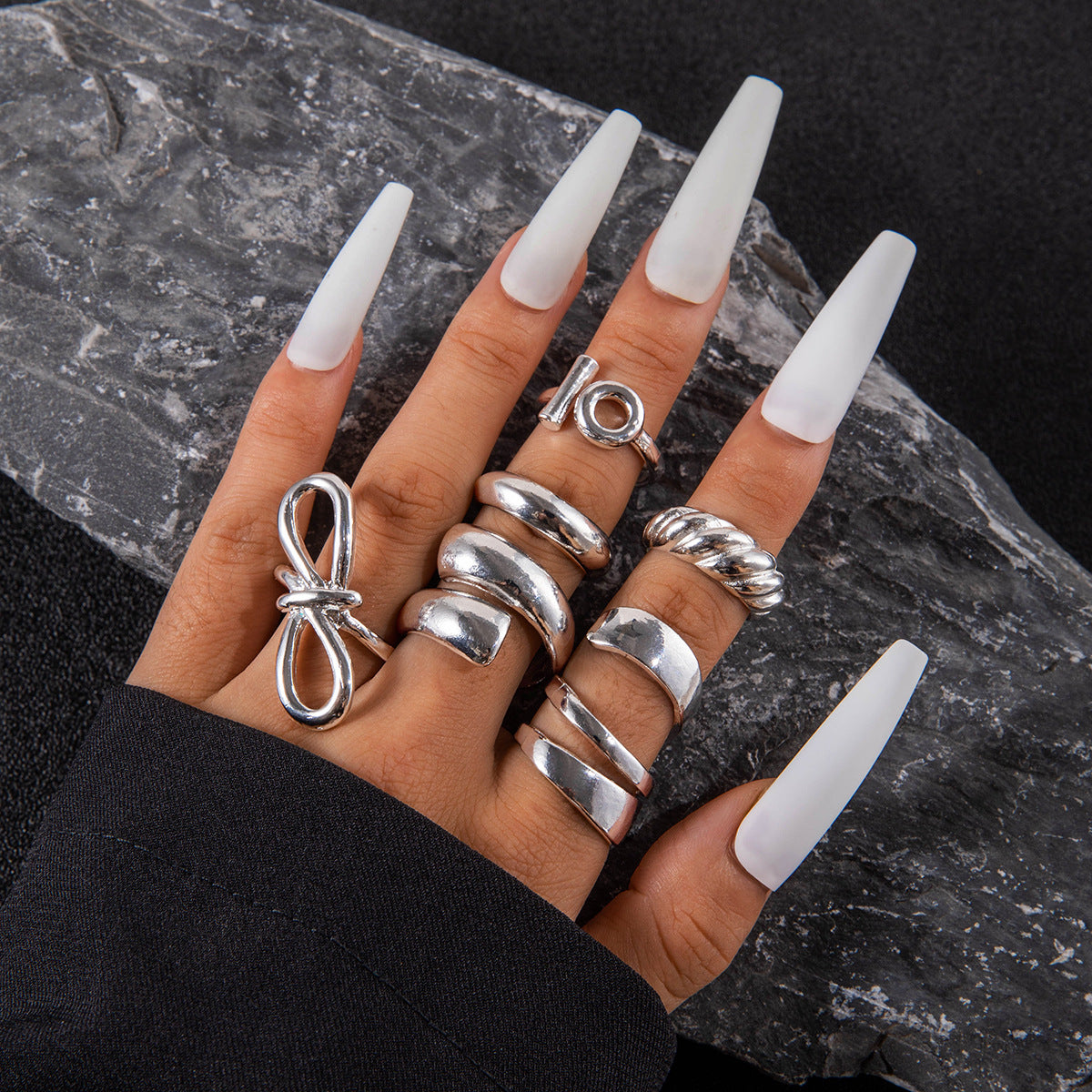 Wholesale 6pcs Geometric Arc Irregular Open Ring Retro Bow Ring ACC-RS-YongGe012