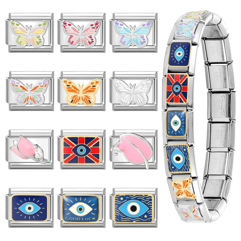 Wholesale 9mm Italian Charm Starter Bracelets DIY Butterfly Evil Eye Stainless Steel Composable Bracelet