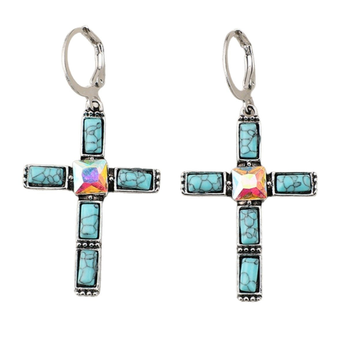 Wholesale w Retro Style Cross Inlaid Turquoise Earrings Bohemian Long Earrings