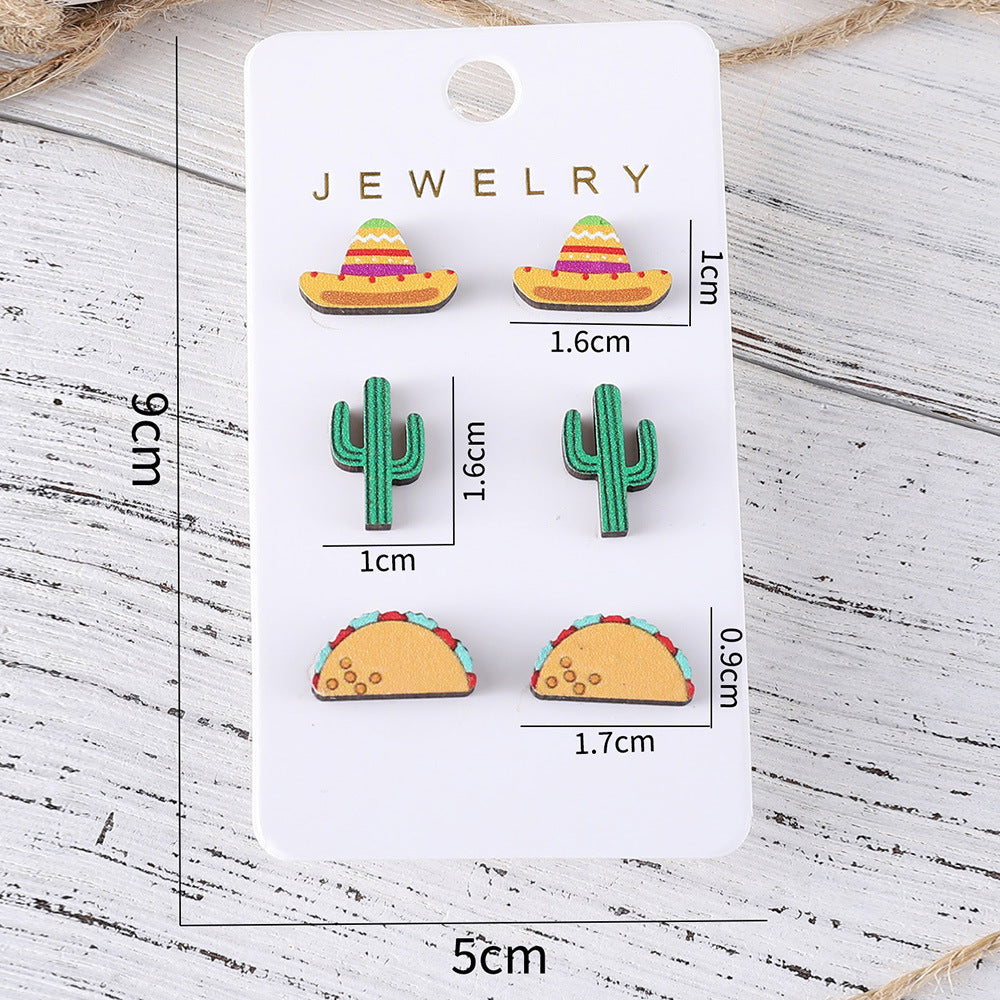 Wholesale Colorful Straw Hat Cactus Wooden Earring Set