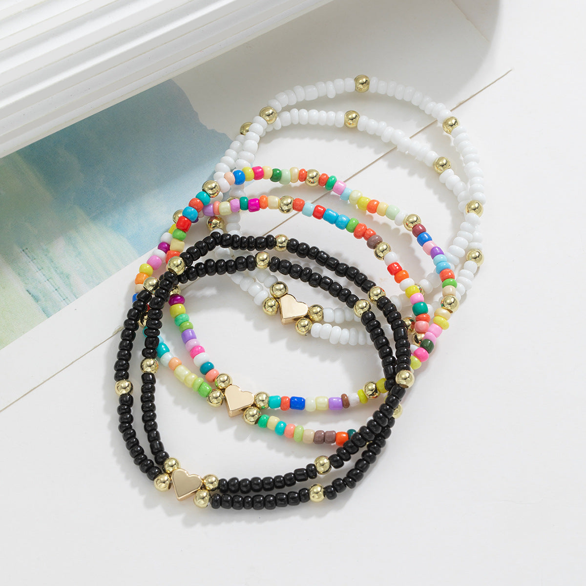 Wholesale Bohemian Ocean Style Alloy Love Heart Colorful Rice Beads Gold Beads Bracelet