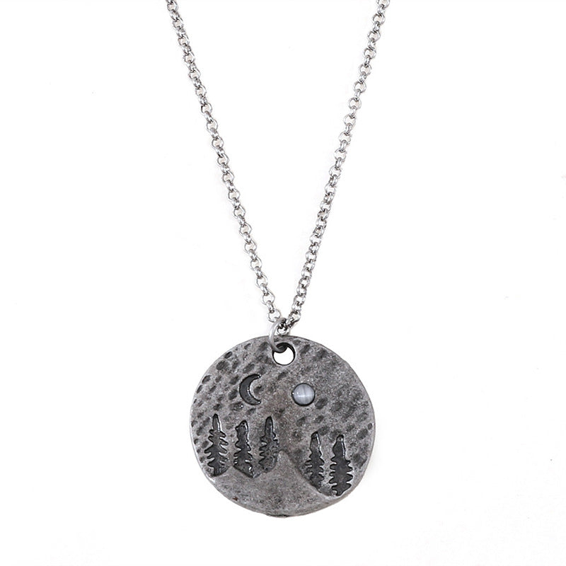Wholesale Zinc Alloy Vintage Moonlight Pendant Necklace Disc Forest Mountain Design Antique Silver Party Gift Jewelry