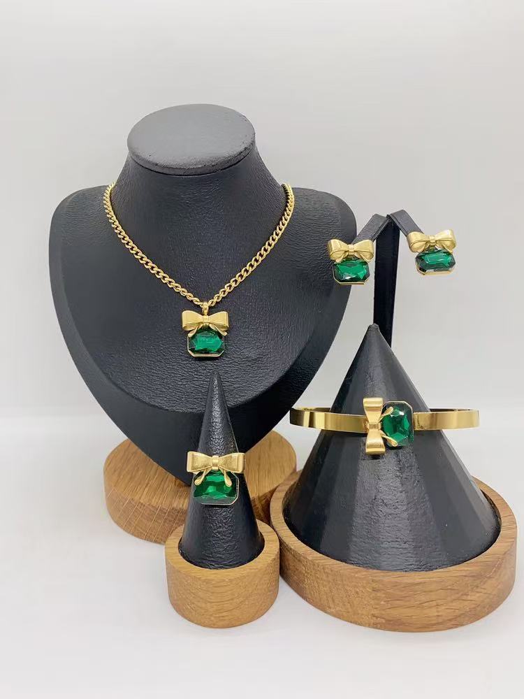 Wholesale Stainless Steel Bow Rhinestone Necklace,  Bracelet,  Earrings,  and Ring Set