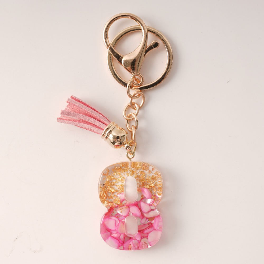 Wholesale  Resin Glue English Numbers Pink Tassel Rose Red Gold Foil Keychain
