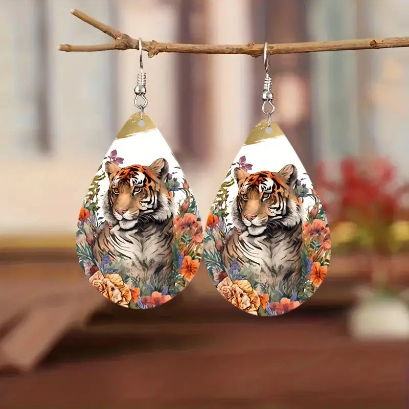 Wholesale  Fierce Tiger Double Sided Pattern Wooden Earrings