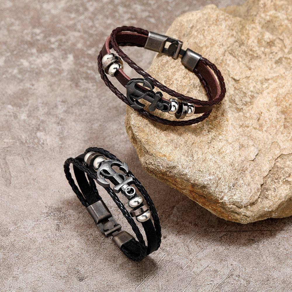 Wholesale Stainless steel leather leaf and turquoise bracelet