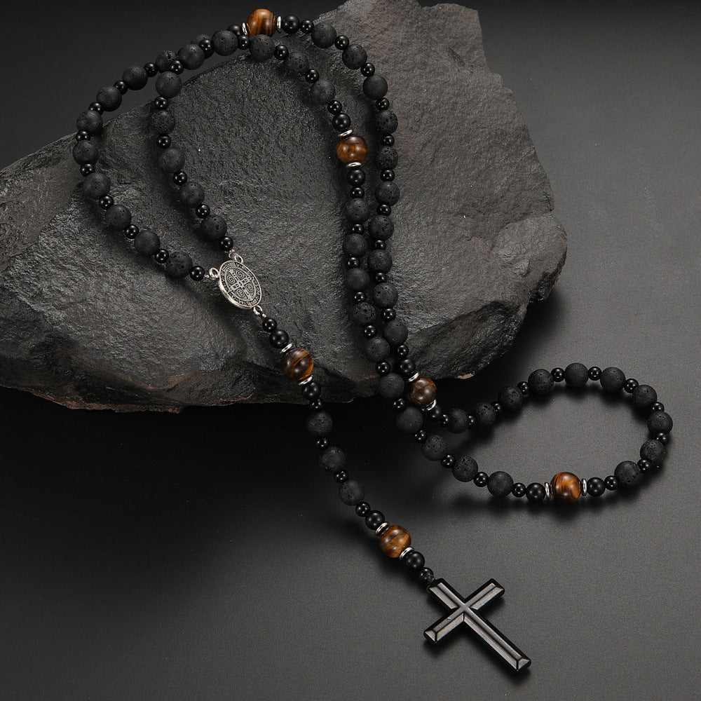 Wholesale Natural Stone Black Volcanic Rock Yellow Tiger Eye Iron Stone Cross Necklace
