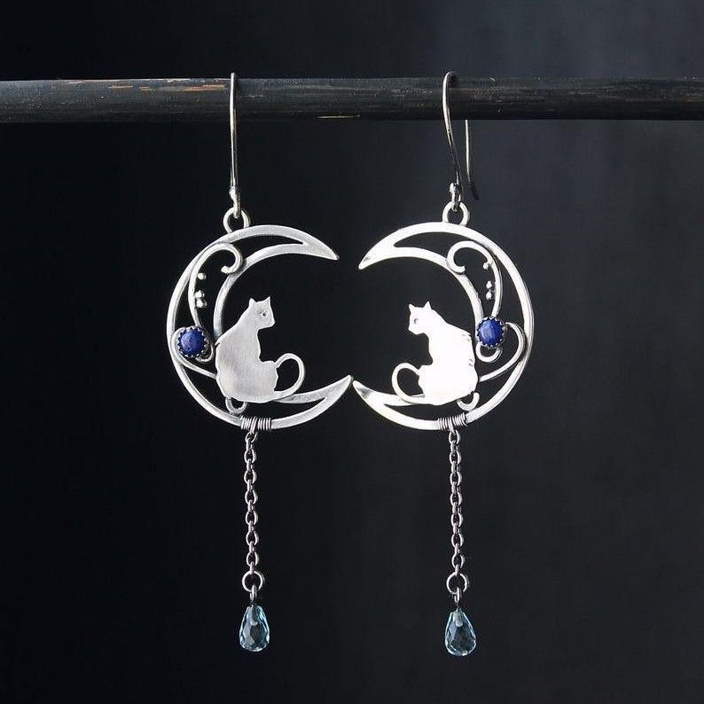 Wholesale Retro Moon Kitten Earrings Vintage Silver Alloy Ear Hooks For Women Jewelry Accessory Gift