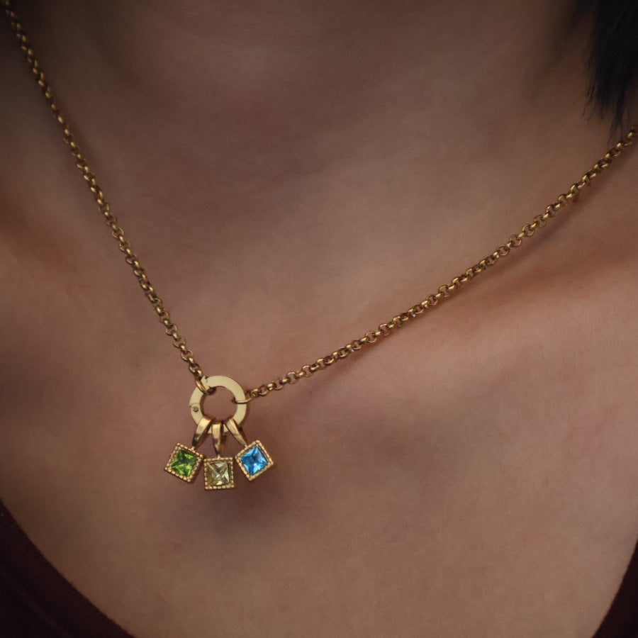 Wholesale Stainless Steel Colorful 12 Birthstone Pendant Free Assembly DIY Accessories Necklace