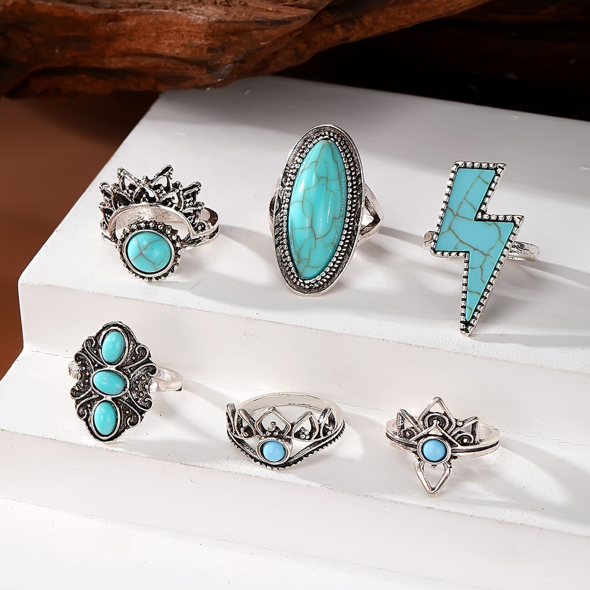 Wholesale  ethnic style retro inlaid turquoise lightning ring set