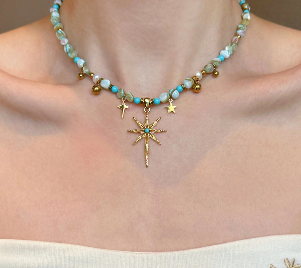 Wholesale Retro Bohemian Beaded Necklace Mixed Materials Alloy Pendant Fashion Jewelry Accessory