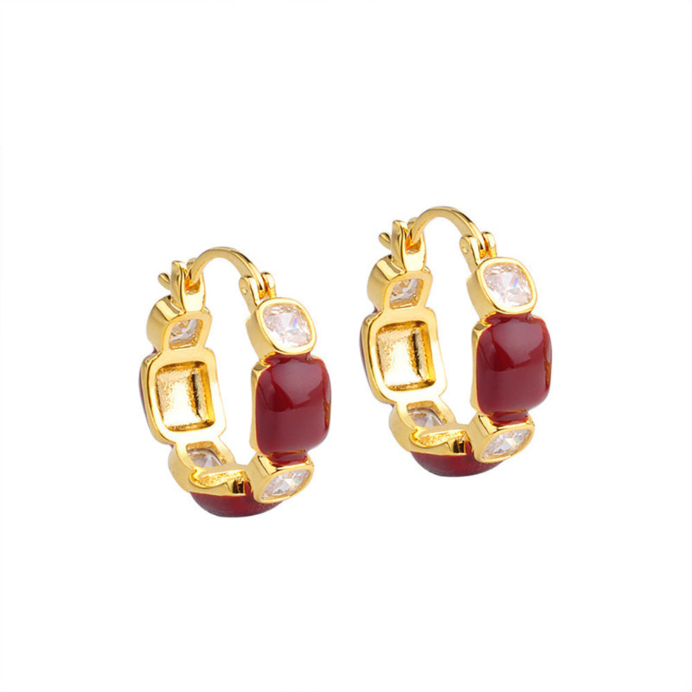 Wholesale  Red Drop Glaze Circle Ear Buckle  Light Luxury  Zirconium Earrings