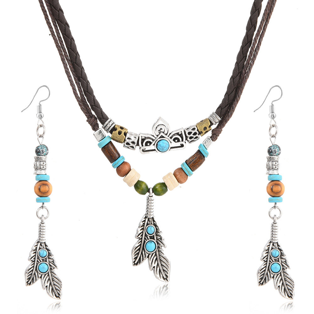 Wholesale 3PCS Western-style leather beaded turquoise vintage necklace